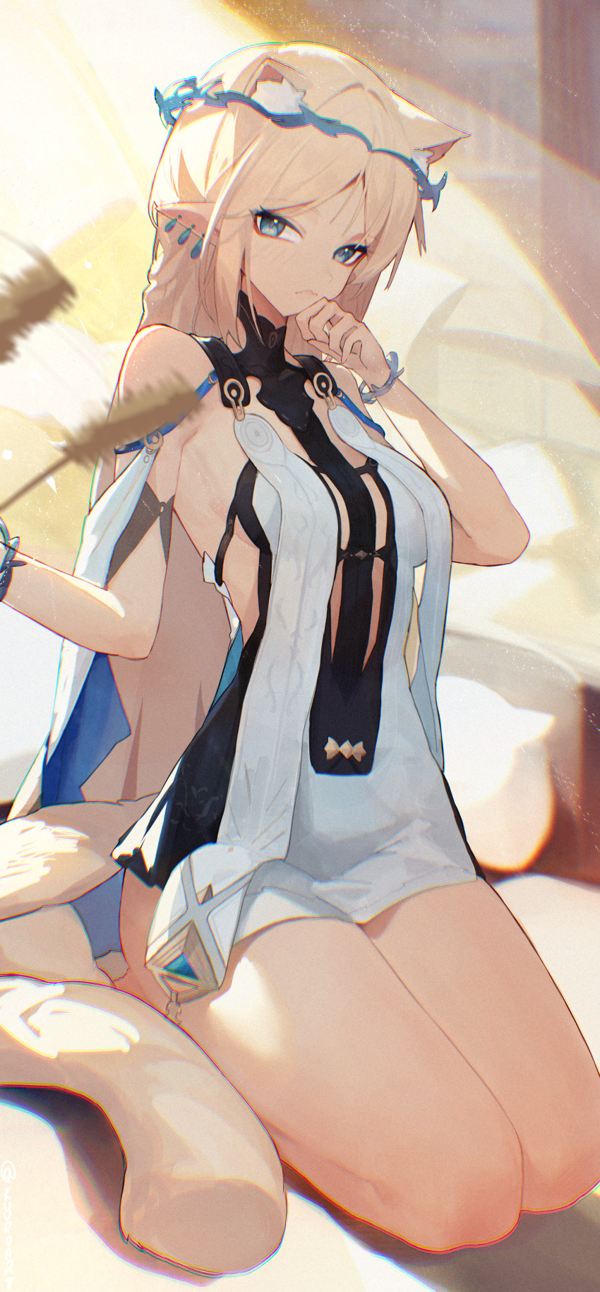 1girl absurdres bare_shoulders black_dress blonde_hair blue_eyes breasts cartethyia_(wuthering_waves) commentary crown_of_thorns dress earrings highres jewelry kuuro_(kuuroart) long_hair looking_at_viewer medium_breasts pointy_ears seiza sidelocks sitting solo tabard thighs white_tabard wuthering_waves