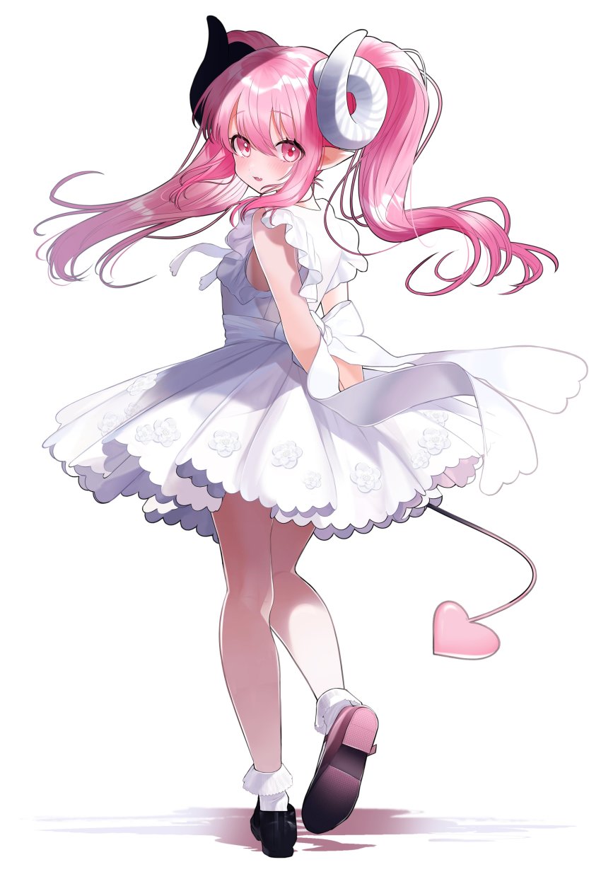 1girl absurdres aged_down arms_behind_back black_shoes blush bobby_socks commentary demon_girl demon_horns demon_tail dress fang female_focus frilled_dress frills full_body heel_up highres horns long_hair looking_at_viewer original parted_lips pink_eyes pink_hair pointy_ears pomu_(pomu_me) shadow shoes short_dress simple_background skin_fang sleeveless sleeveless_dress smile socks solo standing tail twintails virgin_bitch_gal white_background white_dress white_socks