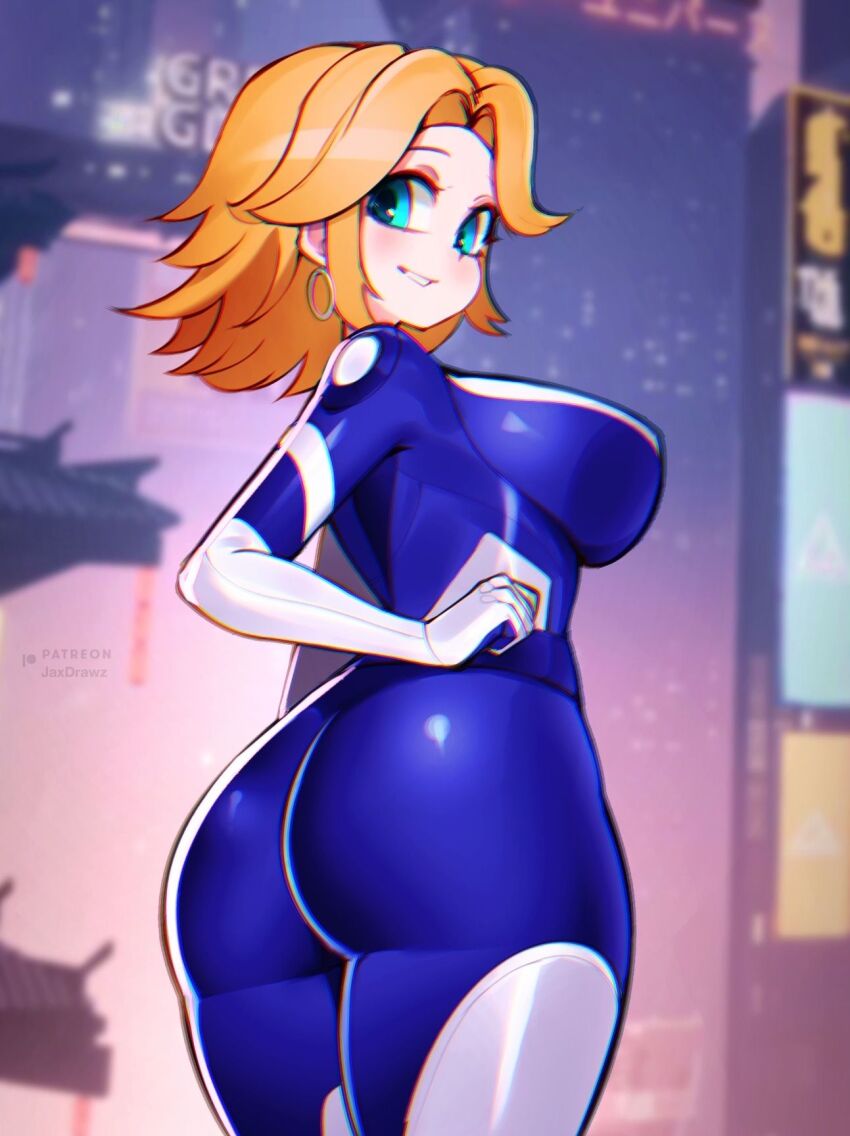1girl ass blonde_hair blue_eyes blurry blurry_background breasts cowboy_shot earrings fantastic_four from_behind highres hoop_earrings jaxdrawz jewelry large_breasts looking_at_viewer looking_back marvel marvel_rivals medium_hair smile solo sue_storm