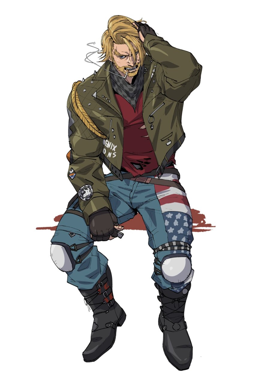 1boy american_flag american_flag_print beard cigarette denim facial_hair flag_print full_beard full_body hand_in_own_hair highres houjoh_(7th-heaven) invisible_chair jeans male_focus mature_male pants paul_phoenix sitting smoking solo tekken tekken_6 thick_beard thick_eyebrows tsurime