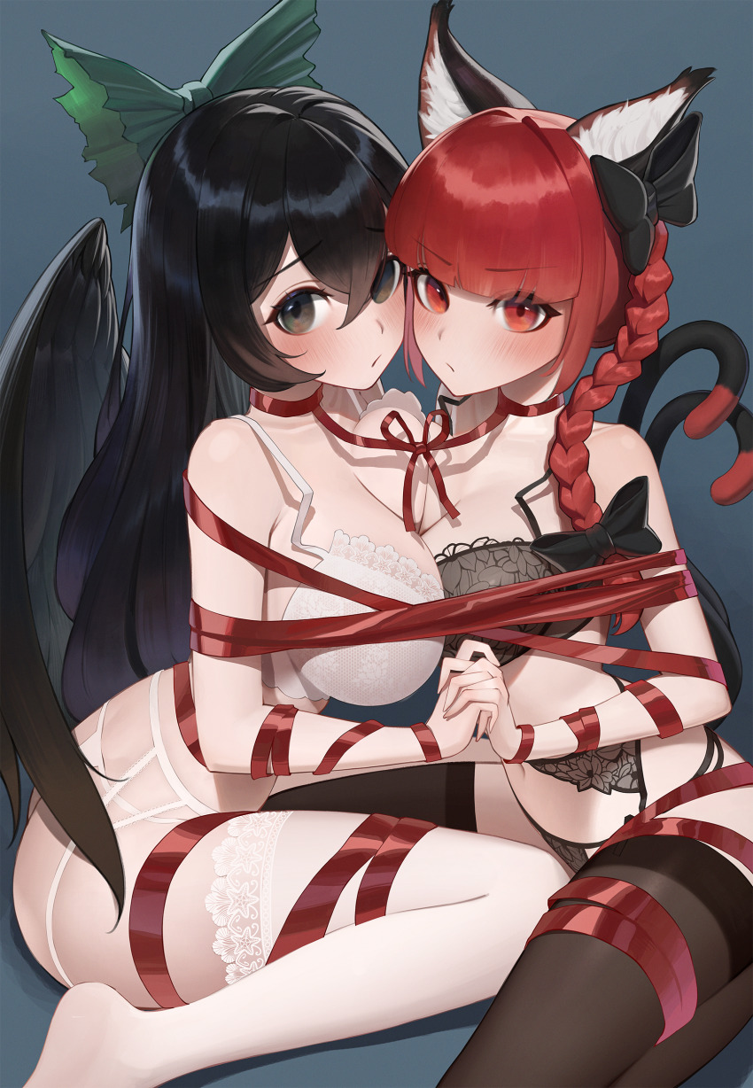 2girls absurdres animal_ears asymmetrical_docking black_bow black_bra black_hair black_thighhighs black_wings blue_background blush bound bow bra braid breast_press breasts cat_ears cat_tail cleavage closed_mouth commission feathered_wings garter_belt green_bow hair_between_eyes hair_bow hantata highres holding_hands kaenbyou_rin large_breasts long_hair multiple_girls multiple_tails navel red_eyes red_hair red_ribbon reiuji_utsuho ribbon ribbon_bondage simple_background tail thighhighs touhou two_tails underwear white_bra white_thighhighs wings yuri