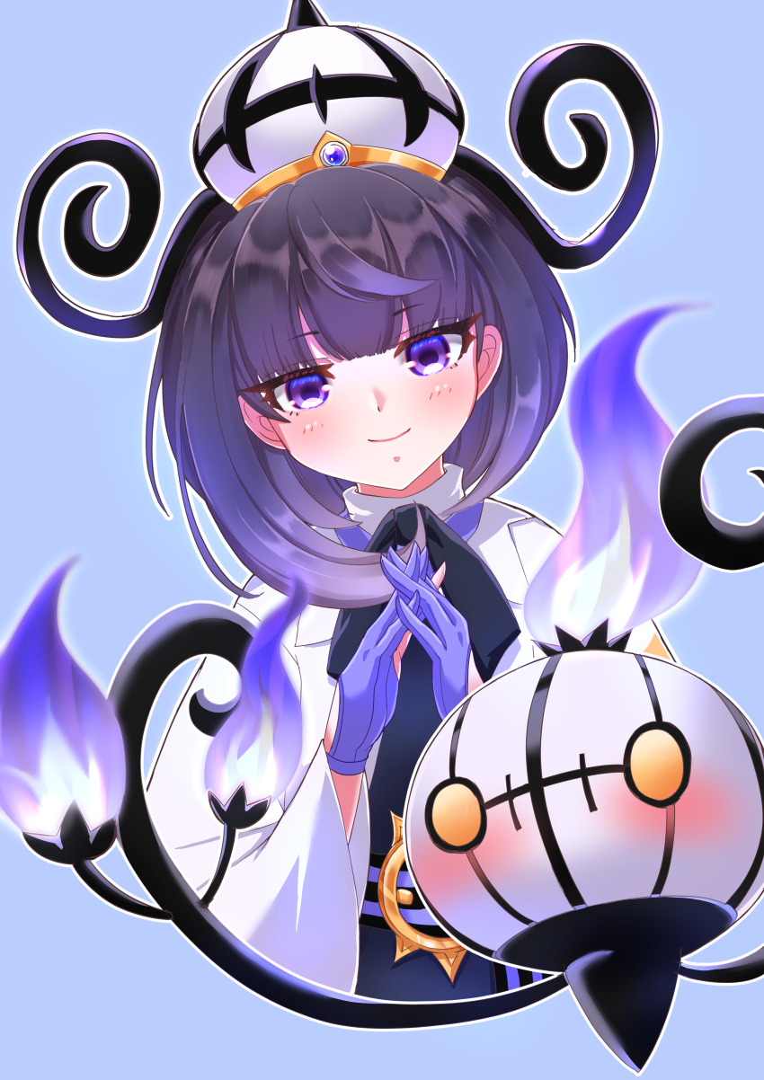1girl absurdres black_dress black_hair black_ribbon blunt_bangs blush chandelure closed_mouth coat commentary_request cropped_torso dress gen_5_pokemon gloves gwynn_(pokemon) hands_up hat highres kuma_king long_hair long_sleeves neck_ribbon nintendo open_clothes open_coat own_hands_together partially_fingerless_gloves pokemon pokemon_(creature) pokemon_legends:_z-a purple_eyes purple_gloves ribbon smile white_coat