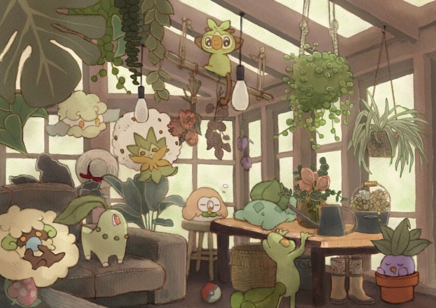 amano_sizuku basket berry_(pokemon) boots bucket bulbasaur ceiling_light chikorita commentary cottonee couch creatures_(company) eldegoss flower_pot game_freak gen_1_pokemon gen_2_pokemon gen_3_pokemon gen_5_pokemon gen_7_pokemon gen_8_pokemon grookey hanging_plant hat hat_ribbon highres indoors nintendo no_humans oddish on_couch pecha_berry poke_ball pokemon pokemon_(creature) red_ribbon ribbon rowlet sleeping standing stool straw_hat sunroof table treecko watering_can whimsicott window