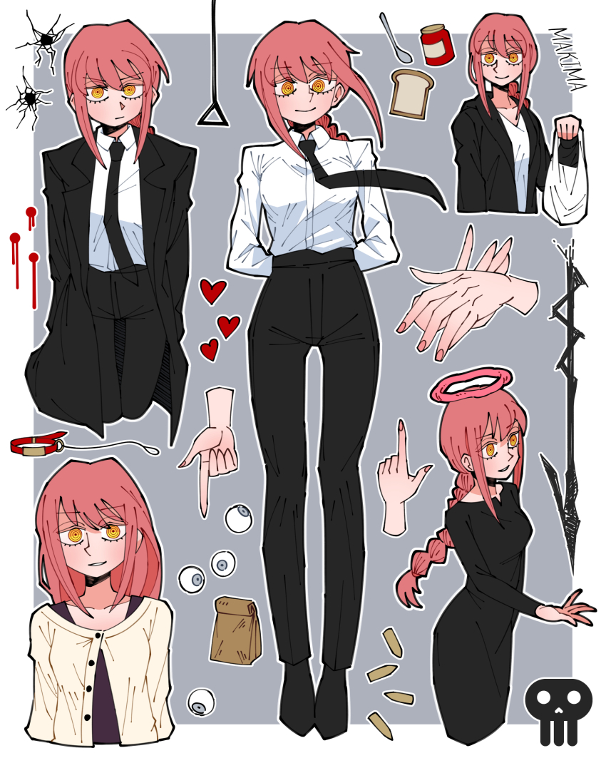1girl adashinosekka alternate_hairstyle arms_behind_back bag black_coat black_dress black_hoodie black_necktie black_pants black_shoes blue_eyes border bottle braid bread bread_slice breasts bullet buttons chainsaw_man character_name closed_mouth coat collar collared_shirt commentary_request dress eyeball fingernails food full_body grey_background halo hand_up heart highres holding holding_bag hood hoodie index_finger_raised jam lapels long_fingernails long_hair long_sleeves looking_at_viewer looking_to_the_side makima_(chainsaw_man) medium_breasts nail_polish necktie open_clothes open_coat open_hoodie orange_eyes outside_border package pants pink_hair pink_halo pink_nails purple_tank_top red_collar ringed_eyes shirt shoes sidelocks simple_background skull smile solo spoon standing tank_top teeth unworn_collar upper_body v-shaped_eyebrows white_bag white_border white_shirt yellow_shirt
