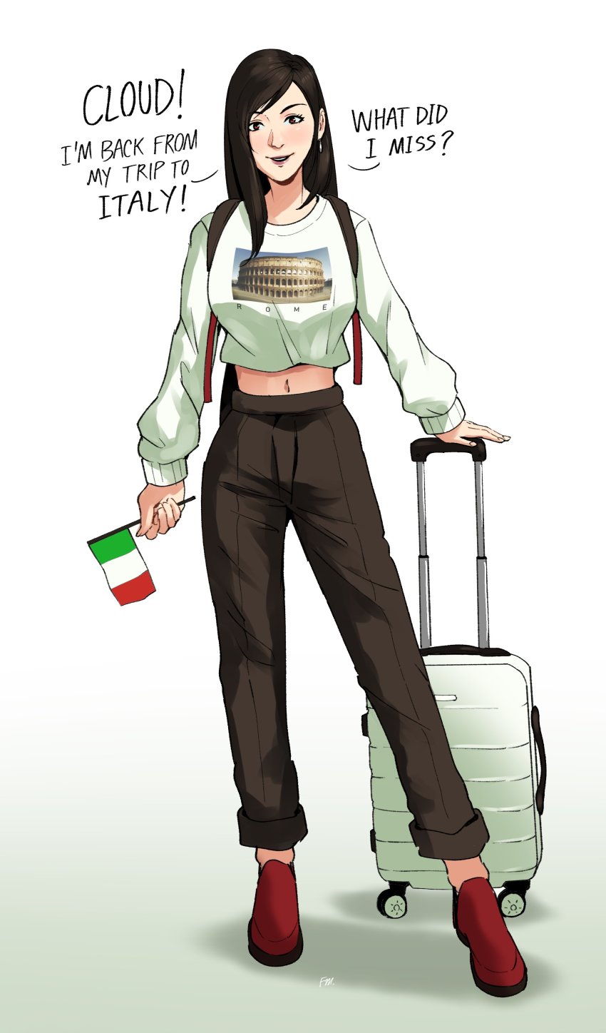 1girl absurdres backpack bag black_hair breasts brown_pants commentary cropped_sweater earrings english_commentary english_text final_fantasy final_fantasy_vii flag francisco_mon full_body highres holding holding_flag italian_flag italian_senate_porn_livestream_(meme) jewelry large_breasts luggage meme midriff navel pants pants_rolled_up red_eyes rolling_suitcase signature solo suitcase tifa_lockhart