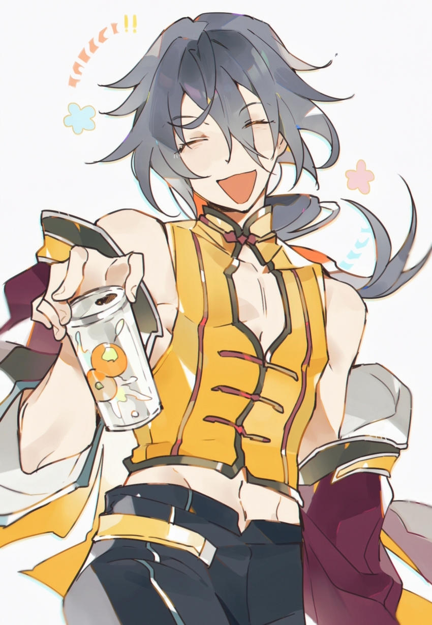 1boy :d black_pants can cleavage_cutout closed_eyes clothing_cutout commentary cowboy_shot ensemble_stars! facing_viewer grey_hair happy_aura highres holding holding_can jacket jacket_partially_removed long_hair male_focus navel open_mouth pants ponytail red_jacket shiina_niki shirt sleeveless sleeveless_shirt smile solo symbol-only_commentary tie_fei_wu_mang_dashuai white_background yellow_shirt