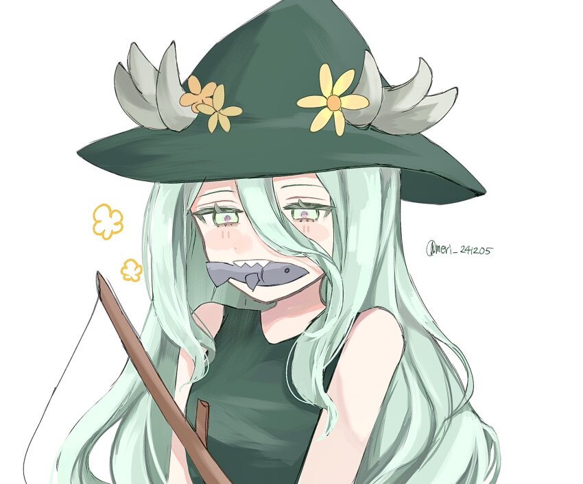 1girl antlers blush fate/grand_order fate_(series) fish_in_mouth fishing_rod flower food_in_mouth green_eyes green_hair green_hat hair_between_eyes half-closed_eyes hat hat_flower highres horns long_hair louhi_(fate) meri_241205 mouth_hold shirt simple_background sleeveless solo upper_body white_background