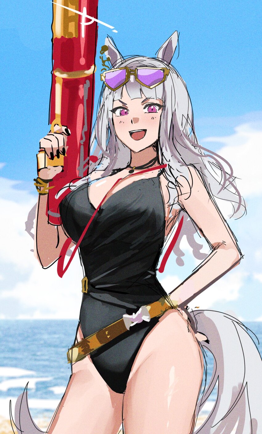 absurdres animal_ears black_one-piece_swimsuit casual_one-piece_swimsuit choripan eyewear_on_head gold_ship_(run_revolt_launcher)_(umamusume) gold_ship_(umamusume) highres holding holding_water_gun horse_ears horse_girl horse_tail official_alternate_costume one-piece_swimsuit purple-tinted_eyewear sunglasses swimsuit tail tinted_eyewear umamusume water_gun yellow-framed_eyewear