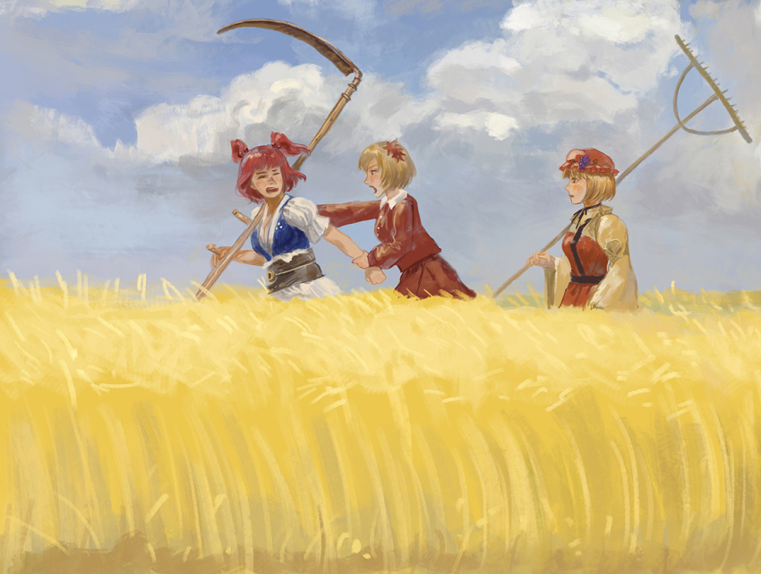3girls aki_minoriko aki_shizuha amibazh black_sash blue_sky blue_vest closed_eyes cloud coin coin_on_string collared_shirt commentary_request day grape_hat_ornament hair_ornament hat holding holding_another&#039;s_wrist holding_rake holding_scythe leaf_hair_ornament long_sleeves looking_at_another mob_cap multiple_girls obi obijime onozuka_komachi open_mouth orange_hat outdoors rake red_hair red_shirt red_skirt sash scythe shirt short_hair short_sleeves skirt sky touhou two_side_up upper_body vest wheat_field white_shirt