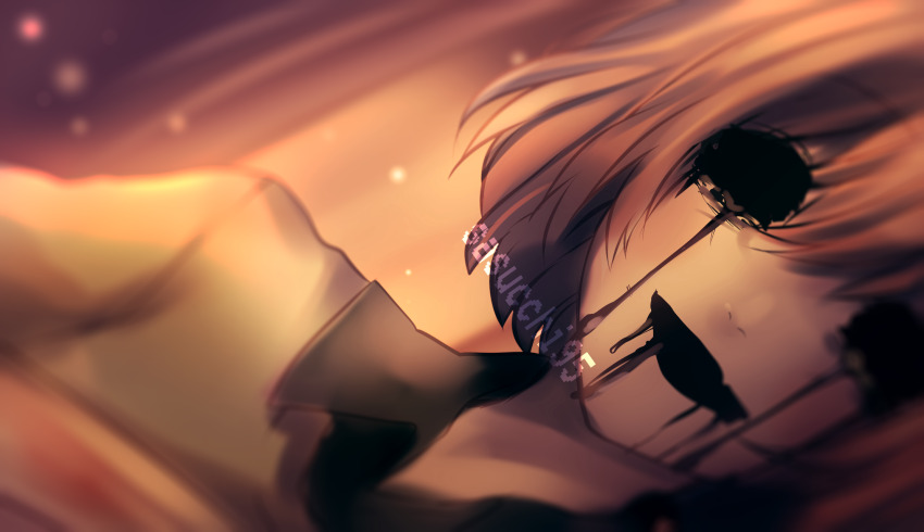 1other :d artist_name black_blood black_mouth black_shirt blood blood_from_mouth bloody_tears blurry blurry_background bob_cut brown_hair chara_(undertale) collared_shirt commentary depth_of_field double-parted_bangs dutch_angle english_commentary fang green_sweater hair_between_eyes highres hollow_eyes light_particles looking_at_viewer open_mouth other_focus portrait sasucchi95 shirt short_hair sidelighting skin_fang smile solo spoilers straight-on sweater undertale