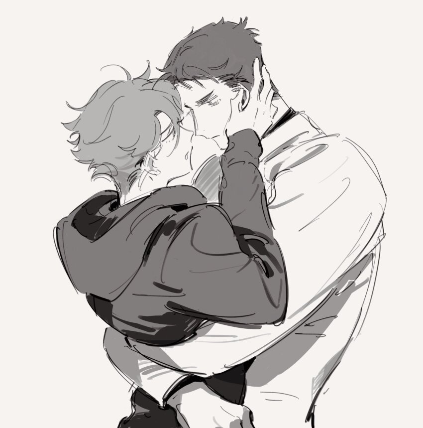 2boys arms_around_waist chinese_commentary closed_mouth commentary_request facial_hair fandangyu grey_background greyscale haikyuu!! hand_on_another&#039;s_face highres hood hood_down hoodie long_sleeves male_focus monochrome multiple_boys oikawa_tooru_(haikyuu!!) open_mouth parted_bangs short_hair sideburns_stubble simple_background sketch stubble upper_body ushijima_wakatoshi yaoi