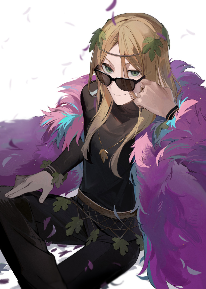 1boy absurdres alternate_costume black_pants black_shirt blonde_hair closed_mouth commentary english_commentary falling_feathers fate/grand_order fate_(series) feather_boa feathers feet_out_of_frame green_eyes hair_between_eyes hand_on_own_cheek hand_on_own_face hand_on_own_knee head_wreath highres indian_style jewelry leaf leaf_necklace long_hair long_sleeves looking_at_viewer male_focus necklace pants purple_feathers shirt simple_background sitting smile solo sunglasses turtleneck very_long_hair white_background wolfgang_amadeus_mozart_(fate) yukkuri_(fumoyun)