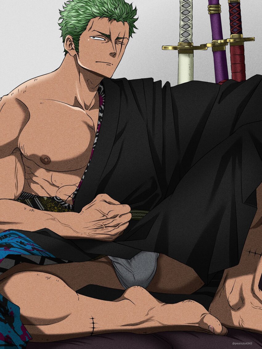 1boy abs alternate_costume bara black_kimono bulge dark-skinned_male dark_skin full_body fundoshi green_hair highres japanese_clothes kimono knee_up large_pectorals male_focus muscular muscular_male nipples one_piece pectorals pinattsu roronoa_zoro scar scar_across_eye scar_on_face sheath sheathed short_hair sideways_glance sitting solo spread_legs veins veiny_arms veiny_feet