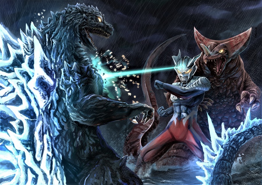 abs alien armor beam_lamp crossover dinosaur emerium_slash energy energy_beam giant giant_monster glowing glowing_eyes glowing_spikes godzilla godzilla_(series) gomora greymon_(nodoame1215) highres kaiju mega_monster_battle:_ultra_galaxy_legends_the_movie monster muscular muscular_male night no_pupils ocean rain rei&#039;s_gomora sea_monster seijin sparks spikes storm superhero_costume tail tsuburaya_productions ultra_beam ultra_galaxy_mega_monster_battle ultra_galaxy_mega_monster_battle:_never_ending_odyssey ultra_series ultraman_zero water