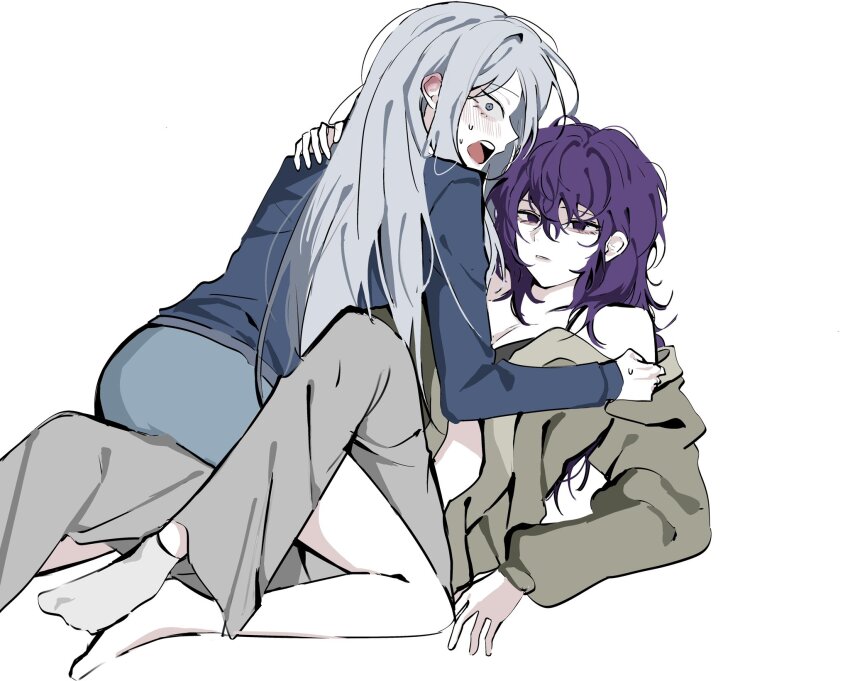 2girls asahina_mafuyu barefoot black_bra blue_shirt blue_shorts blush bra grey_eyes grey_hair highres long_hair long_sleeves multiple_girls open_clothes open_mouth open_shirt parted_lips project_sekai purple_eyes purple_hair shin_he9 shirt shorts simple_background socks sweat underwear white_background white_socks yoisaki_kanade yuri