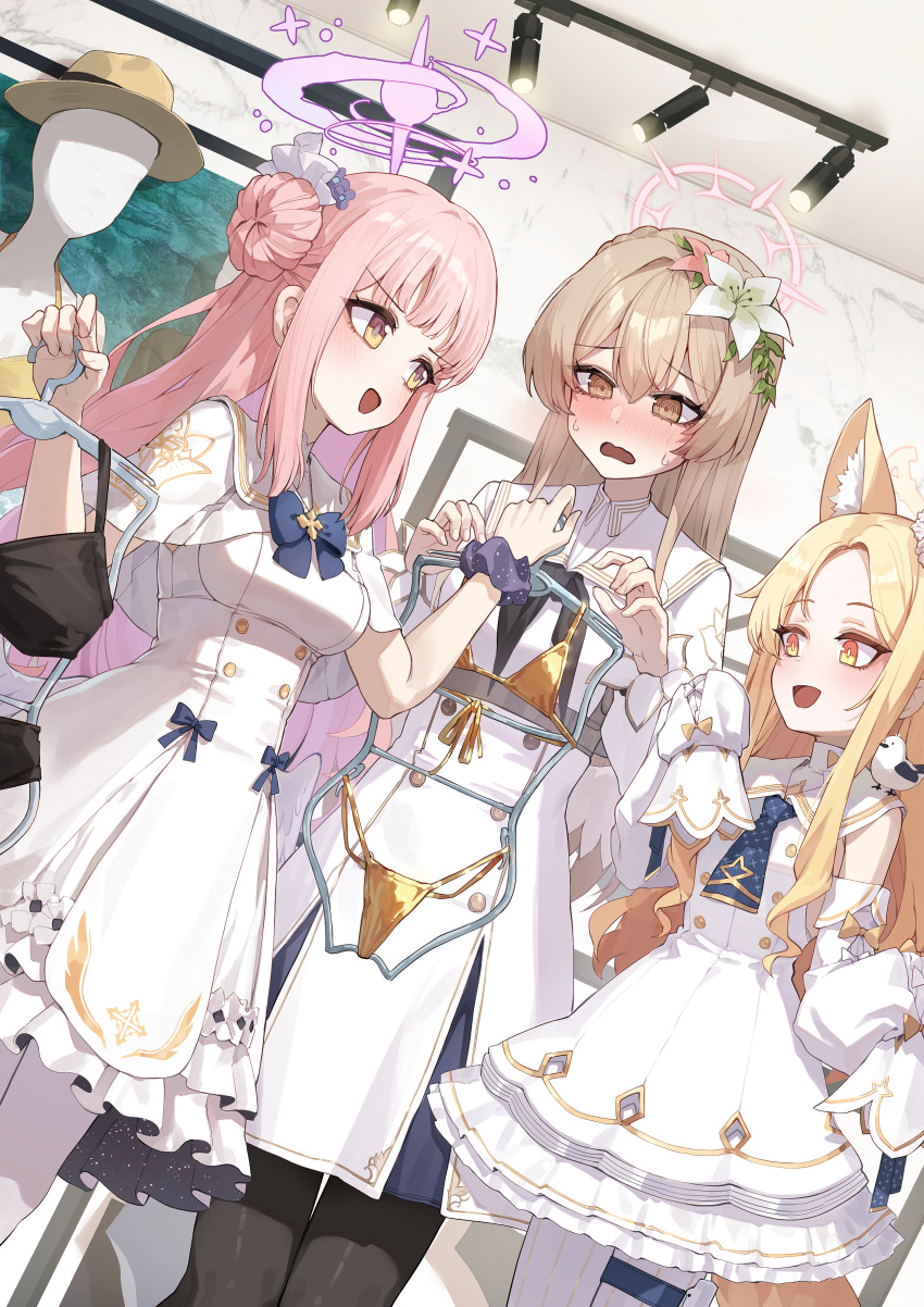 @_@ absurdres animal_ears bikini black_bikini black_neckerchief black_pantyhose blonde_hair blue_archive blue_bow blue_bowtie blush bow bowtie breasts brown_hair capelet clothes_hanger commentary_request detached_sleeves donut_hair_bun dress dutch_angle embarrassed flower fox_ears gold_bikini hair_bun hair_flower hair_ornament halo highres holding holding_clothes_hanger indoors kokukyukeo long_hair mannequin medium_breasts mika_(blue_archive) nagisa_(blue_archive) neckerchief nose_blush pantyhose pink_hair scrunchie seia_(blue_archive) shopping single_side_bun straight_hair sweatdrop swimsuit tea_party_(blue_archive) very_long_hair white_capelet white_dress white_pantyhose wrist_scrunchie