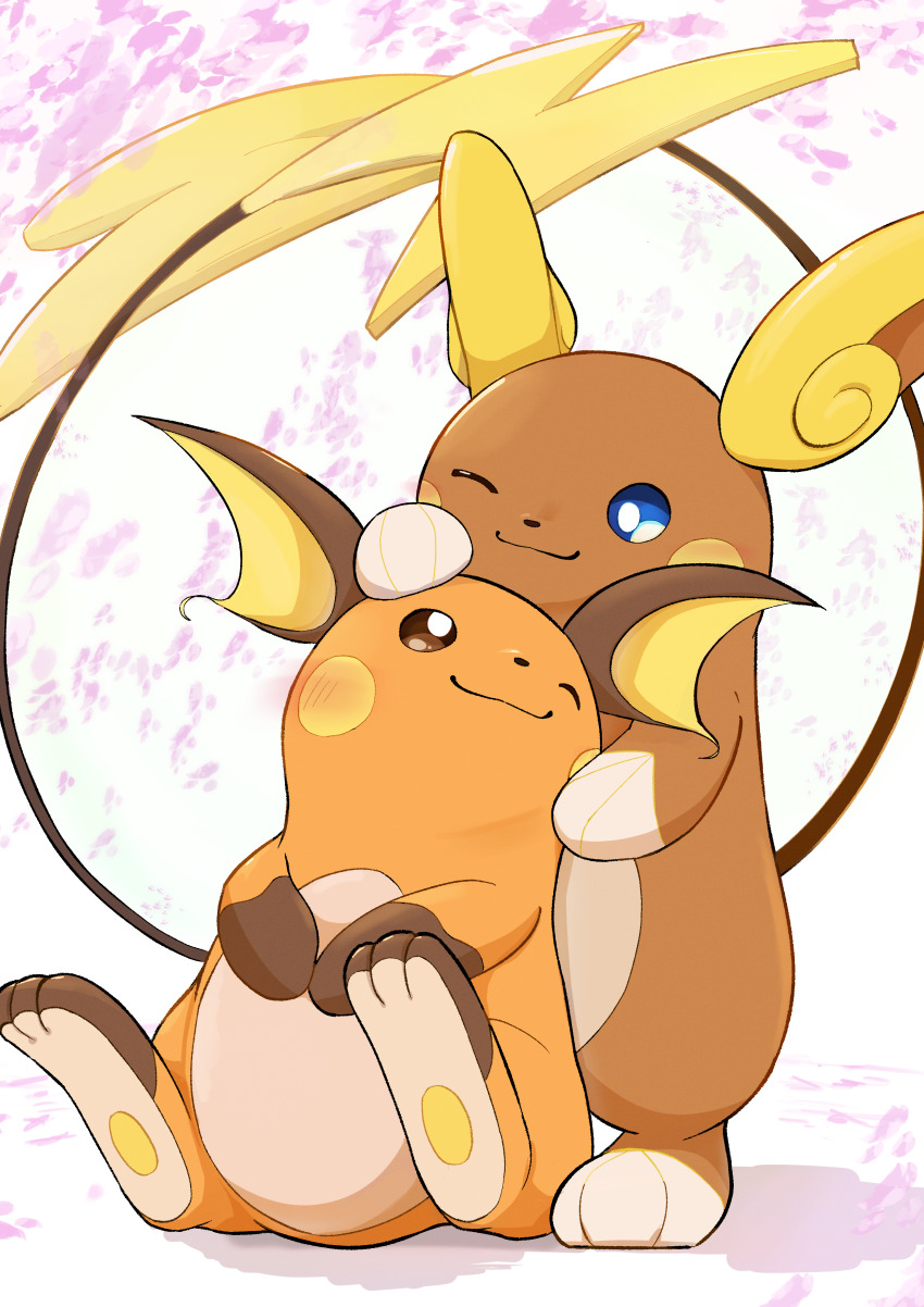 absurdres all_fours alolan_form alolan_raichu blue_eyes brown_eyes closed_mouth commentary_request dot_nose gen_1_pokemon gen_7_pokemon hands_on_another&#039;s_head highres nintendo no_humans one_eye_closed pokemon pokemon_(creature) pokemon_focus raaaichupudding raichu sitting smile standing