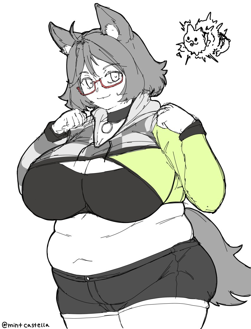1girl absurdres ahoge animal_ear_fluff animal_ears belly breasts character_name cleavage clenched_hands closed_mouth commentary cowboy_shot dog_girl english_commentary fat fat_woman glasses highres hood hoodie huge_breasts indie_virtual_youtuber long_sleeves looking_at_viewer massgrave_art medium_hair mint_castella mint_castella_(1st_costume) navel red-framed_eyewear semi-rimless_eyewear short_shorts shorts simple_background solo tail thighs virtual_youtuber white_background