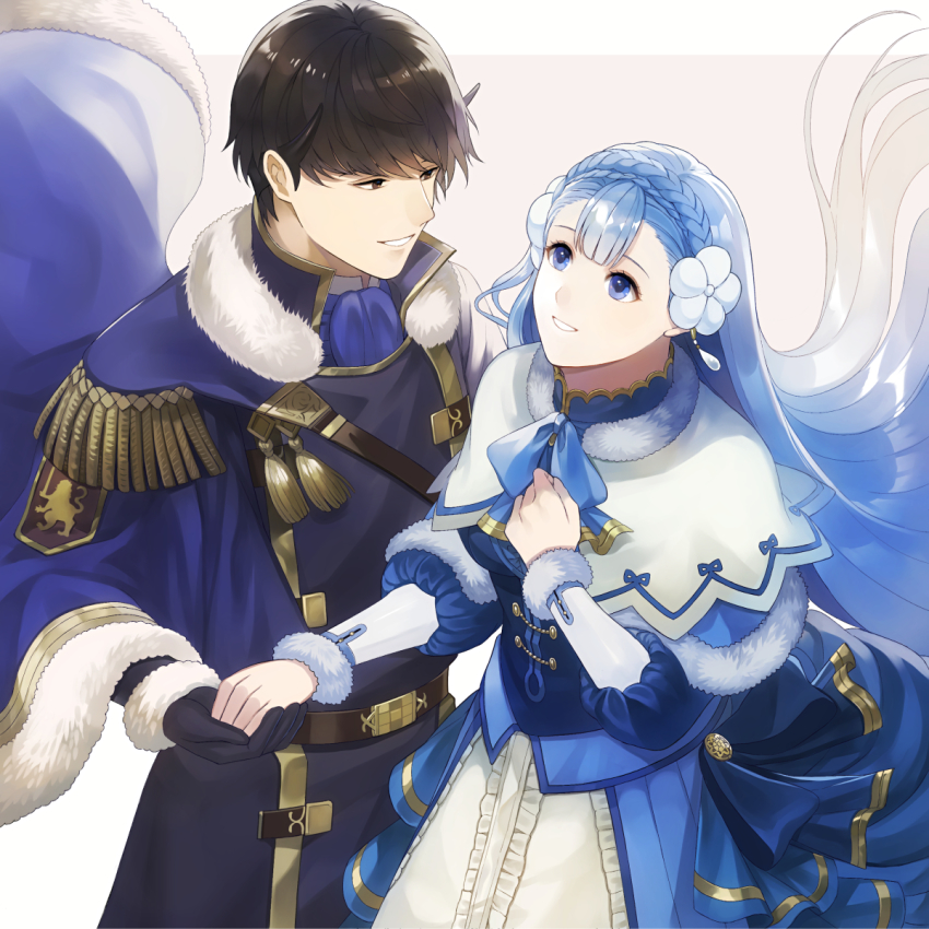1boy 1girl aym_(ash3ash3ash) berkut_(fire_emblem) berkut_(soiree)_(fire_emblem) black_gloves blue_eyes blue_hair braid brown_eyes brown_hair crown_braid dress fire_emblem fire_emblem_echoes:_shadows_of_valentia fire_emblem_heroes gloves highres holding_hands long_hair long_sleeves nintendo parted_lips rinea_(fire_emblem) rinea_(soiree)_(fire_emblem) short_hair simple_background