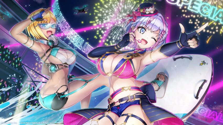 2girls armband armpits arms_up bikini blonde_hair blue_eyes braid breasts cleavage dark-skinned_female dark_skin dolphin_wave drone fingerless_gloves fireworks glasses gloves glowstick highres holding holding_microphone kukuri_tomo large_breasts mask microphone multicolored_hair multiple_girls murahaya_mashio night night_sky official_art one_eye_closed ootomo_takuji open_mouth pink_hair pointing purple_hair respirator short_shorts shorts sky surfboard swimsuit thigh_strap