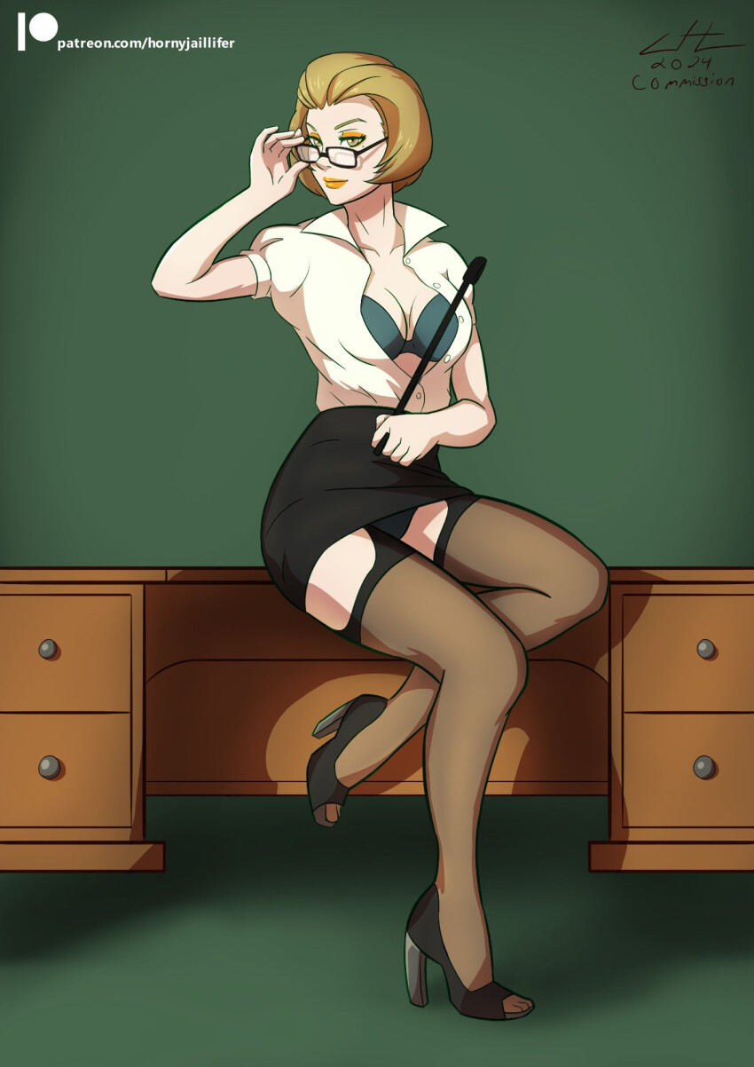 1girl black_panties black_skirt bra bra_peek breasts brown_eyes brown_hair cleavage eyeshadow female female_focus fire_emblem fire_emblem:_three_houses full_body garter_straps glasses high_heels highres hornyjaillifer legs lips lipstick makeup manuela_casagranda mature_female medium_breasts mole mole_under_eye nintendo open_clothes open_shirt orange_lips panties pantyshot pantyshot_(sitting) pencil_skirt pointer revealing_clothes shirt short_hair sitting skirt solo teacher thighhighs thighs underwear upskirt
