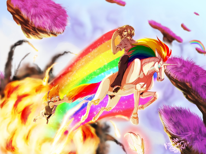 2boys crying dolphin explosion fabulous grass headphones kiryu_yoshiya kurai_okami male_focus multiple_boys nature outdoors plant rainbow rainbow_hair robot_unicorn_attack sakuraba_neku sky subarashiki_kono_sekai unicorn