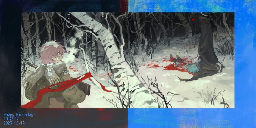 3boys birch_tree black_cloak black_hair black_hat blood blood_on_clothes blood_on_ground blood_on_snow blue_hair character_request cloak copyright_request death forest grey_scarf gun happy_birthday hat highres holding holding_gun holding_weapon looking_at_another multiple_boys nature night original outdoors parted_lips patchwork_clothes pink_hair rifle rottencrow scarf snow snow_on_face snow_on_head tree weapon