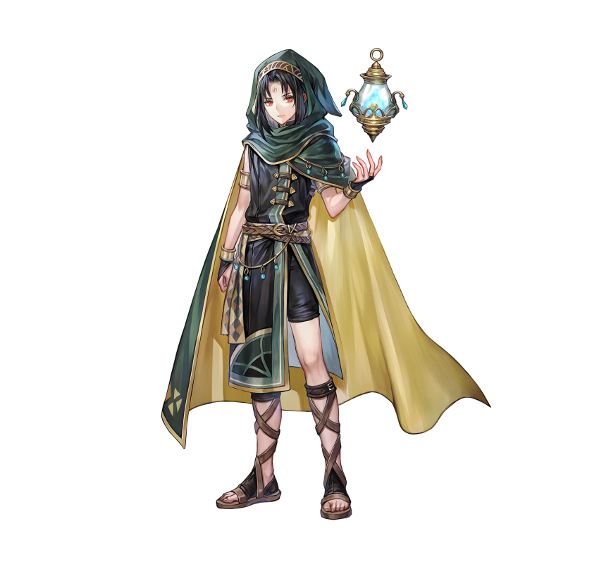1boy androgynous armlet belt black_hair bracelet bridal_gauntlets cape closed_mouth commentary_request company_name facial_mark fire_emblem fire_emblem:_radiant_dawn fire_emblem_heroes floating floating_object forehead_mark full_body gladiator_sandals green_cape highres hood hooded_cape jewelry lantern male_focus nintendo official_art red_eyes sandals senano-yu simple_background soren_(fire_emblem) soren_(khadein)_(fire_emblem) two-sided_cape two-sided_fabric white_background yellow_cape