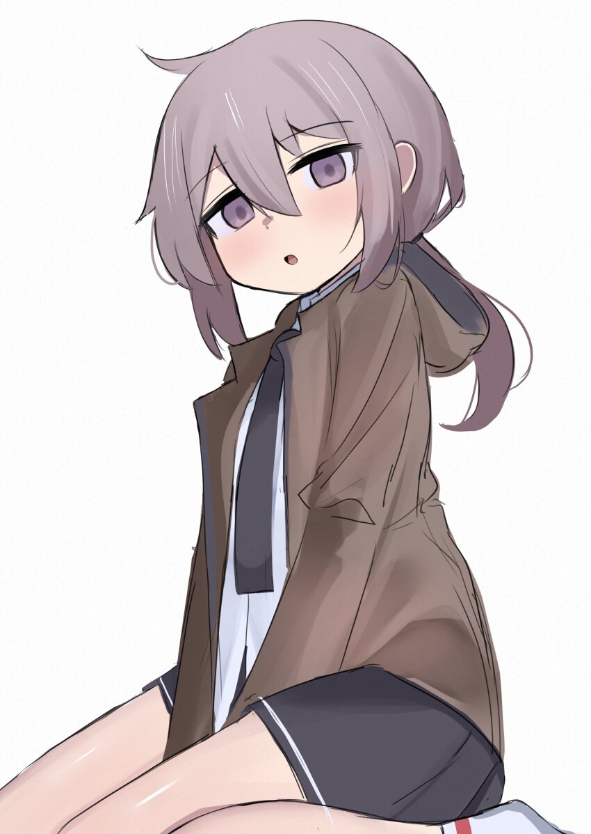 1girl absurdres black_necktie black_skirt brown_jacket girls&#039;_frontline grey_hair highres hood hood_down hooded_jacket iog626 jacket looking_at_viewer m200_(girls&#039;_frontline) necktie purple_eyes shirt simple_background sitting skirt socks solo wariza white_shirt white_socks