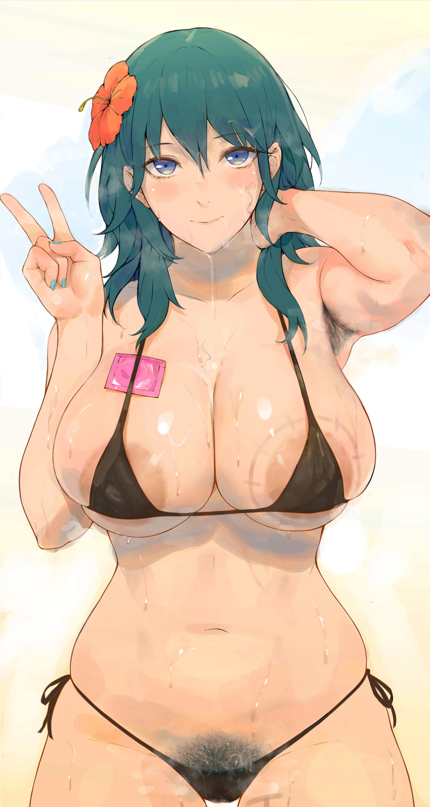 1girl alternate_costume aqua_nails areola_slip armpit_hair armpits bare_shoulders bikini black_bikini blue_eyes blue_hair blush body_writing breasts female_byleth_(fire_emblem) cleavage collarbone condom condom_wrapper female_focus female_pubic_hair fingernails fire_emblem fire_emblem:_three_houses flower hair_flower hair_ornament highres large_breasts laserflip looking_at_viewer medium_hair nail_polish navel nintendo pubic_hair sidelocks smile solo sweat swimsuit tan thighs v