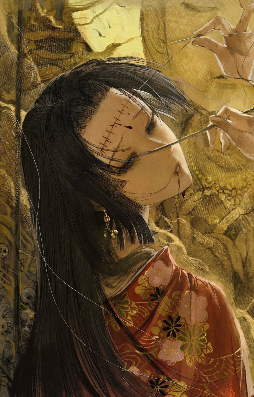 1girl 1other black_hair earrings from_behind furrowed_brow half-closed_eyes highres holding holding_brush jewelry jujutsu_kaisen kenjaku long_hair looking_back parted_bangs parted_lips seapall sidelocks simple_background solo_focus stitched_face stitches upper_body