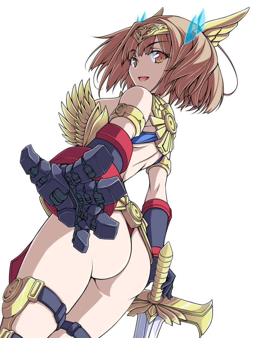 ass atlanger backless_leotard blue_leotard bob_cut brown_eyes brown_hair commentary cowboy_shot from_behind gattai_robo_atlanger gauntlets gloves grey_gloves highres holding holding_sword holding_weapon humanization kikuchi_tsutomu leotard looking_at_viewer looking_back open_mouth simple_background skindentation smile sword thigh_strap thong_leotard tiara weapon white_background