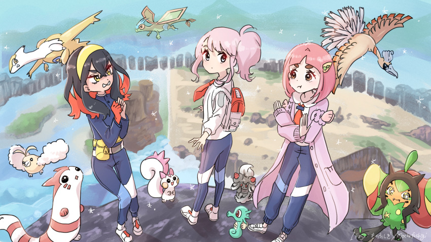 3girls alcremie alcremie_(strawberry_sweet) alternate_color alternate_hair_color alternate_hairstyle angry backpack bag black_hair blue_pants blue_shirt blueberry_academy_school_uniform brown_eyes cardigan carmine_(pokemon) closed_mouth coat fangs fanny_pack feathers flygon flying furret gen_1_pokemon gen_2_pokemon gen_3_pokemon gen_4_pokemon gen_8_pokemon gloves hair_ornament hairband highres ho-oh horsea in-universe_location it&#039;s_just_not_right! lacey_(pokemon) latias legendary_pokemon long_hair medium_hair mismatched_eyebrows mocha_fushigi multicolored_hair multiple_girls necktie nintendo official_alternate_color ogerpon ogerpon_(hearthflame_mask) open_cardigan open_clothes open_coat pachirisu pants pink_coat pink_hair pokemon pokemon_(creature) pokemon_sv red_eyes red_gloves red_hair red_necktie school_uniform shiny_pokemon shirt shoes side_ponytail single_glove standing star-shaped_pupils star_(symbol) swablu symbol-shaped_pupils thick_eyebrows two-tone_hair v-shaped_eyebrows white_footwear wings yellow_bag yellow_eyes yellow_hairband