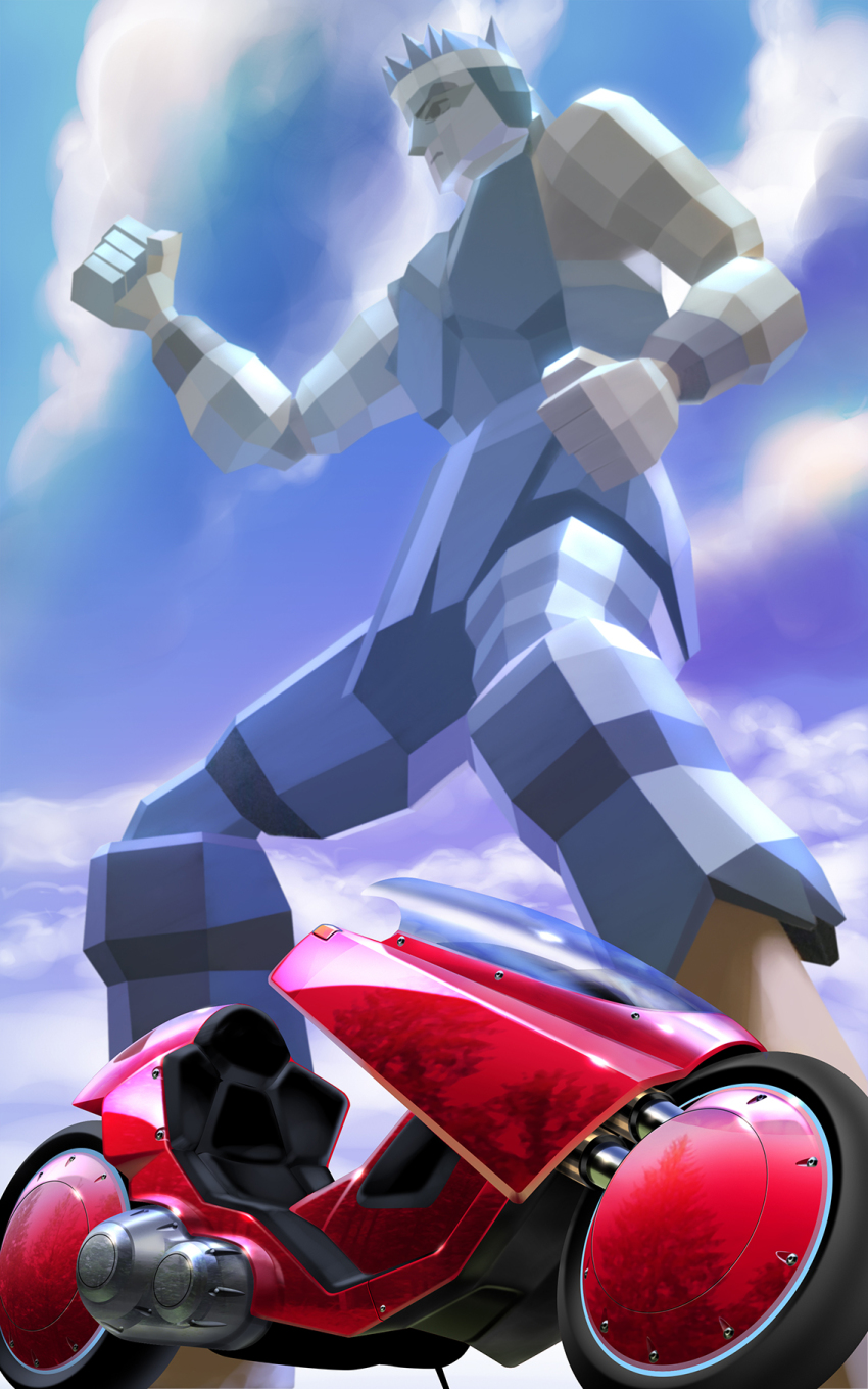 1990s_(style) 1boy akira_(manga) barefoot black_hair clenched_hands cloud cloudy_sky crossover day dougi headband highres k-kat kaneda_shoutarou&#039;s_bike low_poly motor_vehicle motorcycle name_connection realistic retro_artstyle sky sleeveless virtua_fighter yuki_akira