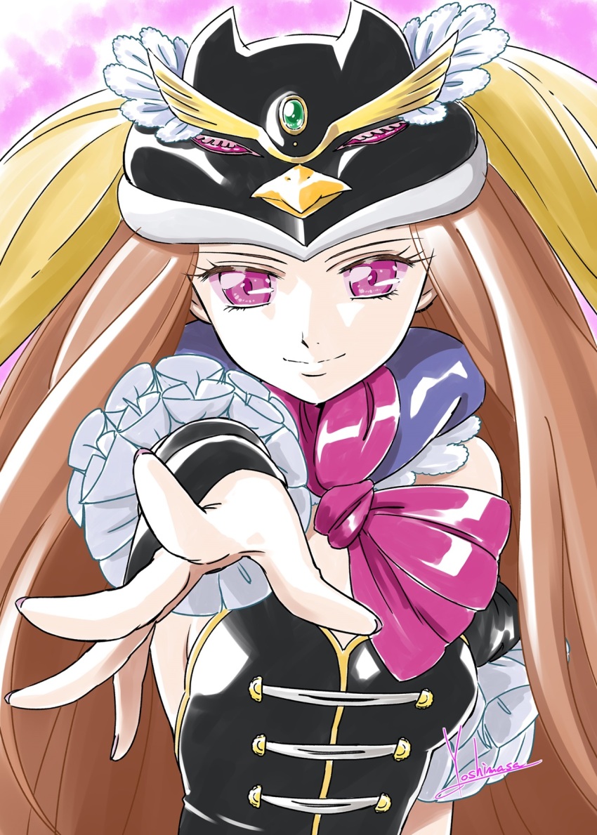 1girl animal_hat artist_name black_corset black_sleeves breasts brown_hair closed_mouth commentary corset detached_sleeves frilled_sleeves frills hat highres long_hair mawaru_penguindrum penguin_hat pink_background pink_eyes princess_of_the_crystal reaching reaching_towards_viewer scarf sideboob signature small_breasts smile solo upper_body very_long_hair yoshinaga_masahiro