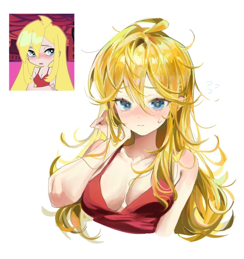 1girl ahoge anime_screenshot_inset bare_arms bare_shoulders blonde_hair blue_eyes blush breasts breasts_apart cleavage cropped_torso derivative_work dot_nose dress embarrassed hair_between_eyes hand_up hashtag-only_commentary highres long_hair medium_breasts nose_blush panty_&amp;_stocking_with_garterbelt panty_(psg) red_dress scene_reference screenshot_inset screenshot_redraw simple_background sleeveless sleeveless_dress sycisycii upper_body wavy_hair white_background