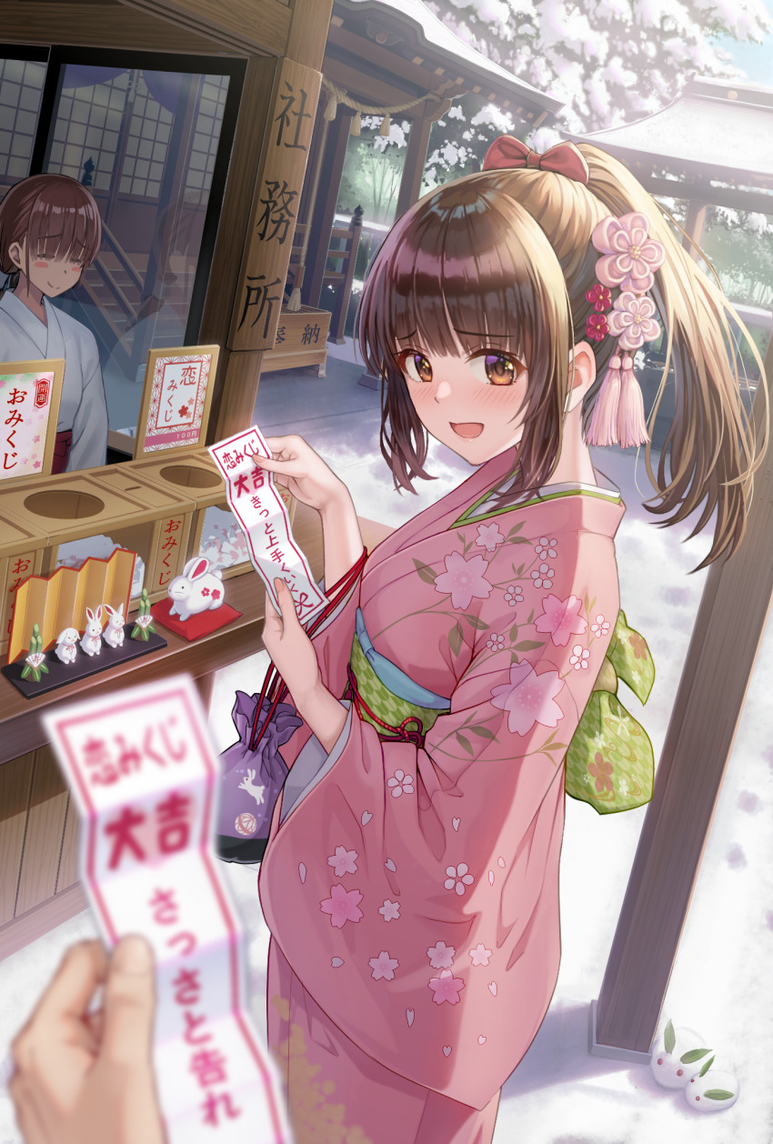 1boy 2girls :d blunt_bangs blurry blurry_foreground blush_stickers brown_eyes brown_hair chinese_zodiac cowboy_shot day depth_of_field flower hair_flower hair_ornament highres japanese_clothes kimono long_hair looking_at_viewer looking_to_the_side macha0331 miko multiple_girls open_mouth original outdoors pink_kimono ponytail pouch pov smile snow_rabbit solo_focus tassel year_of_the_rabbit