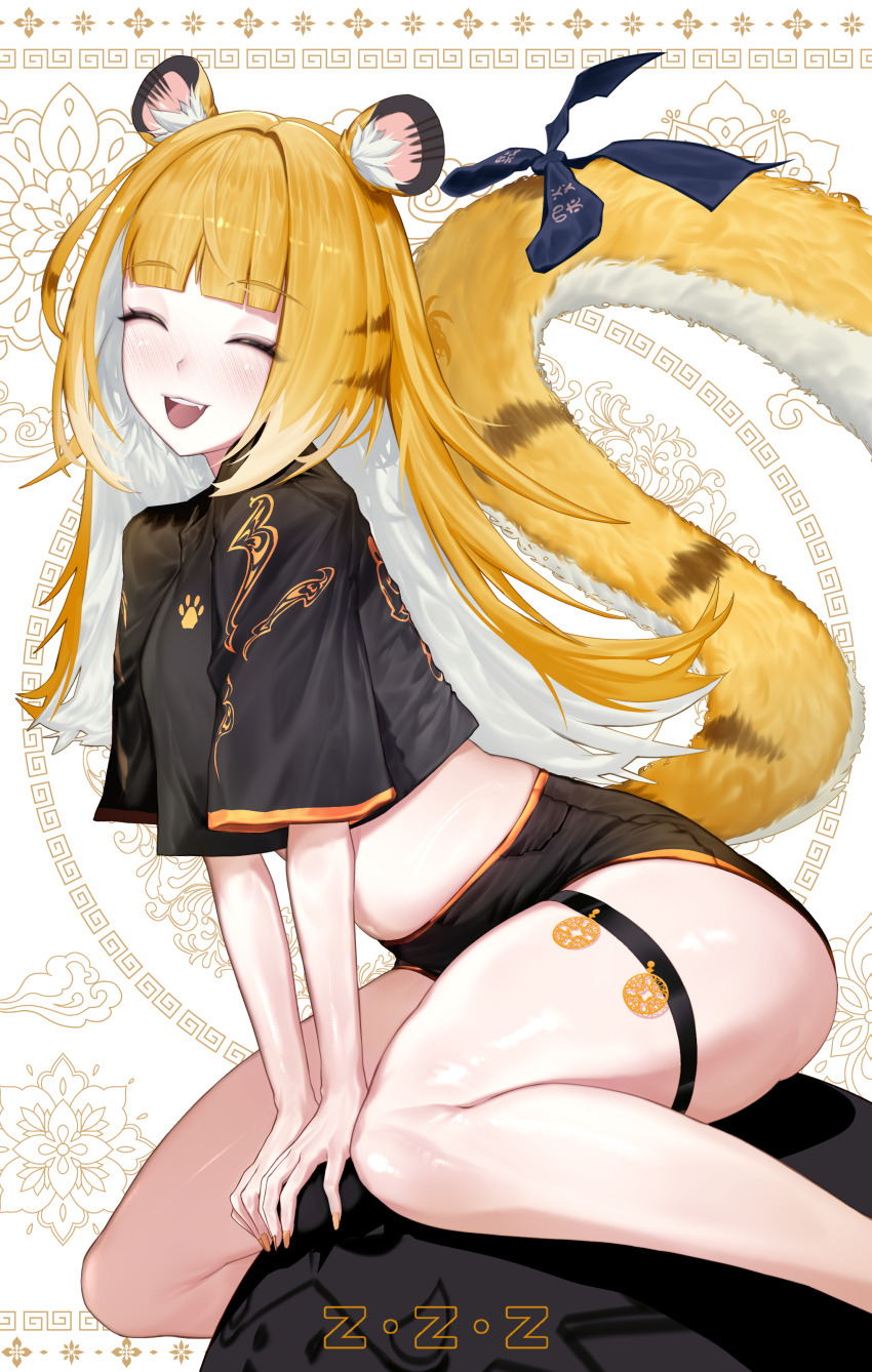 1girl absurdres alternate_costume animal_ear_fluff animal_ears black_ribbon black_shirt black_shorts blunt_bangs blush breasts closed_eyes commentary crop_top fang highres houh888 ju_fufu long_hair multicolored_hair open_mouth orange_hair paw_print ribbon shiny_skin shirt short_shorts short_sleeves shorts small_breasts solo tail tail_ornament tail_ribbon thigh_strap tiger_ears tiger_girl tiger_tail very_long_hair white_hair zenless_zone_zero
