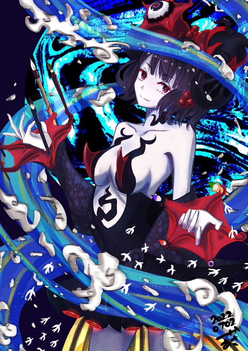 1girl absurdres bare_shoulders black_dress black_hair breasts closed_mouth collarbone dated dress fate/grand_order fate_(series) hair_ornament highres katsushika_hokusai_(fate) looking_at_viewer paintbrush red_eyes short_hair sideboob sleeveless sleeveless_dress smile solo strapless strapless_dress tsukaasa