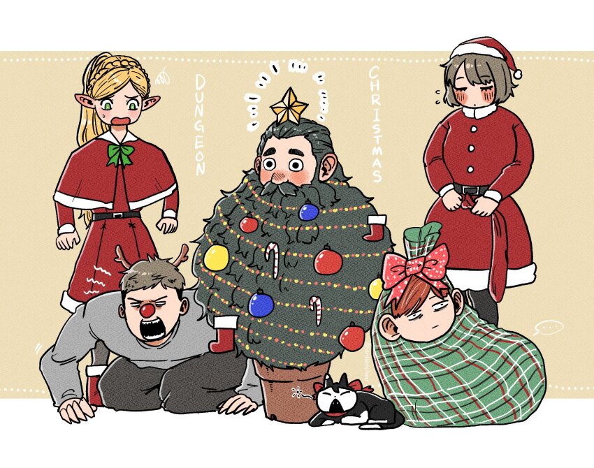 2girls 3boys barking beard blank_eyes blush chilchuck_tims christmas christmas_tree_costume christmas_tree_hair_ornament dungeon_meshi dwarf elf facial_hair falin_touden falin_touden_(tallman) gift_wrapping hair_ornament highres janbanclear laios_touden long_beard marcille_donato multiple_boys multiple_girls mustache pantyhose plant pointy_ears potted_plant red_nose santa_costume senshi_(dungeon_meshi) sweatdrop thick_mustache very_long_beard