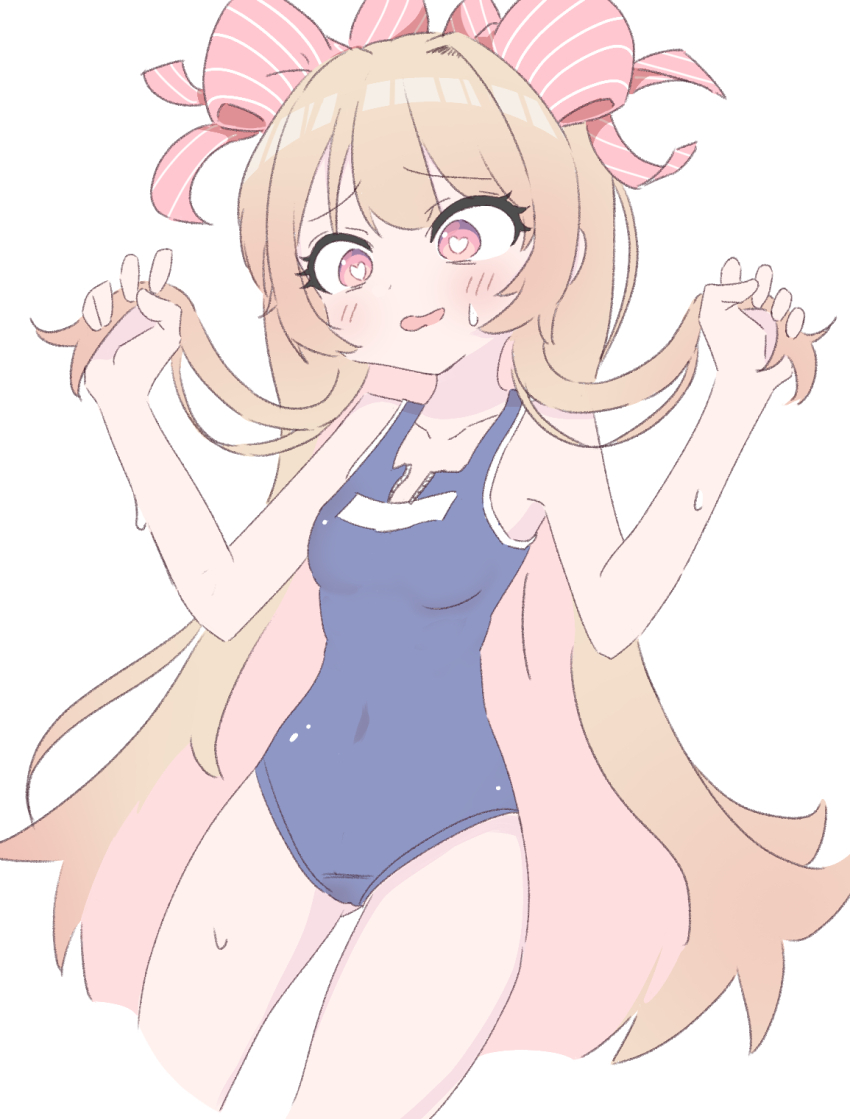 1girl artist_request blonde_hair chaos_marie_(grimms_notes) grimms_notes hands_up highres long_hair open_mouth school_swimsuit simple_background smile solo source_request swimsuit white_background