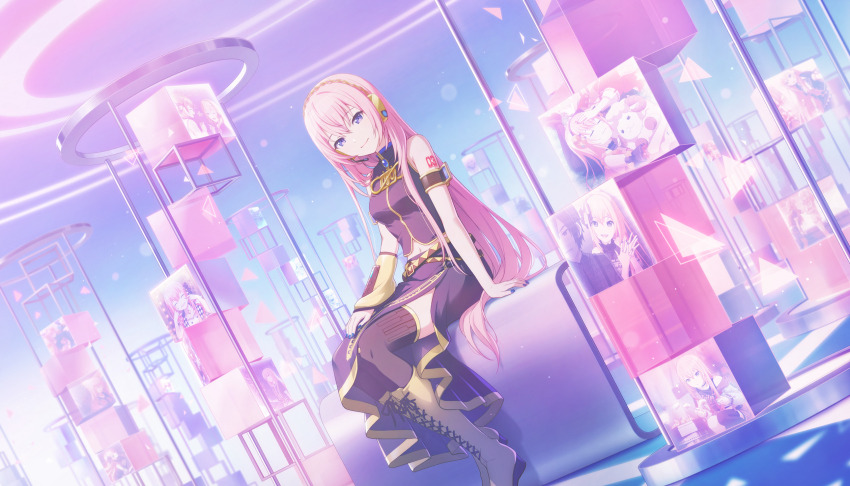 1girl 25-ji_kaito 25-ji_luka arm_tattoo black_shirt black_skirt bloom_festival_(project_sekai) blue_nails blurry bokeh boots breasts brooch closed_mouth colorful_palette depth_of_field detached_sleeves fingernails full_body game_cg hair_between_eyes highres jewelry kaito_(vocaloid) leo/need_luka long_hair megurine_luka meiko_(vocaloid) mochizuki_honami more_more_jump!_luka nail_polish number_tattoo official_art pink_hair pink_theme project_sekai purple_eyes shirt side_slit single_detached_sleeve sitting skirt sleeveless sleeveless_shirt smile solo tattoo tenma_saki third-party_source triangle vivid_bad_squad_luka vocaloid wonderlands_x_showtime_luka yellow_boots yellow_sleeves