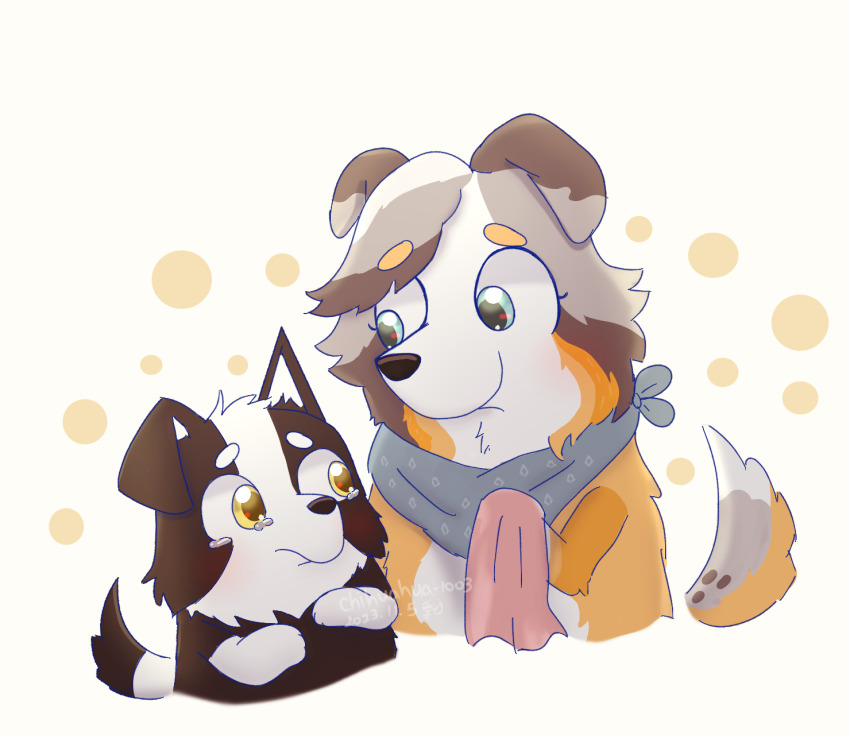 1boy 1girl animal_ears artist_name black_fur bluey brown_fur calypso_(bluey) chihuahua-1003 chinese_commentary dog dog_ears dog_tail furry grey_fur highres looking_at_another mackenzie_border_collie scarf simple_background tail tearing_up three-toned_fur two-tone_fur white_background yellow_fur