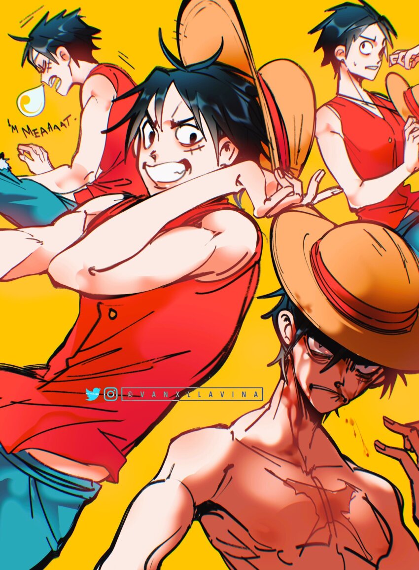 1boy black_hair blood blood_on_face blue_shorts clenched_teeth commentary hashtag-only_commentary hat highres instagram_username looking_at_viewer male_focus monkey_d._luffy multiple_views one_piece short_hair shorts simple_background sleeping squeans straw_hat sweatdrop symbol-only_commentary teeth twitter_username vanxllavina yellow_background