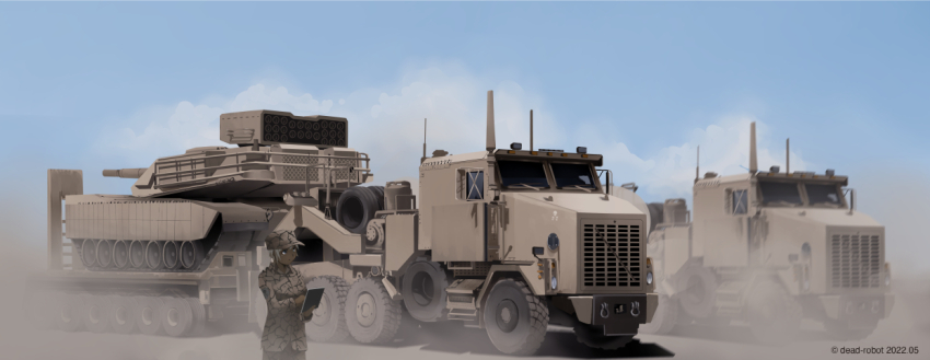 1girl artist_name blue_sky camouflage camouflage_headwear camouflage_shirt clipboard cloud commentary dark-skinned_female dark_skin day dead-robot dust english_commentary flatbed_truck hat holding holding_clipboard lowboy_(trailer) lowboy_trailer military military_truck military_uniform military_vehicle mixed-language_commentary motor_vehicle original oshkosh_m1070 semi_truck shirt sky solo spare_tire tank trailer truck unused_tire vehicle_focus watermark wide_shot