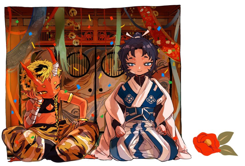 2boys armlet baggy_pants bandaged_horn black_hair blonde_hair blue_eyes blue_kimono bracelet braid center_opening closed_mouth coat colored_skin commentary_request confetti crop_top ear_piercing fingernails flower full_body hair_bun hand_on_own_cheek hand_on_own_face highres horns indian_style indoors japanese_clothes jewelry kimono long_hair long_sleeves looking_at_another male_focus monster_boy multicolored_hair multiple_boys oni original pants piercing pointy_ears red_flower red_skin seiza sharp_fingernails shima_(wansyon144) single_braid sitting skin-covered_horns slit_pupils smile streaked_hair white_coat yellow_eyes