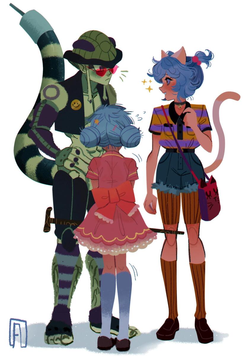 1boy 2girls animal_ears arthropod_boy bag bell black_choker black_footwear blue_shorts blush cane cat_ears cat_girl cat_tail choker colored_skin double_bun dress fewer_digits french-unicorn green_skin grey_hair grey_socks hair_bun heart heart-shaped_eyewear highres hunter_x_hunter komugi_(hunter_x_hunter) long_earlobes meruem multiple_girls neck_bell neferpitou pink-tinted_eyewear pink_dress shadow shirt shirt_tucked_in shoes short_sleeves shorts shoulder_bag simple_background socks sparkle stinger striped_clothes striped_shirt tail tinted_eyewear white_background