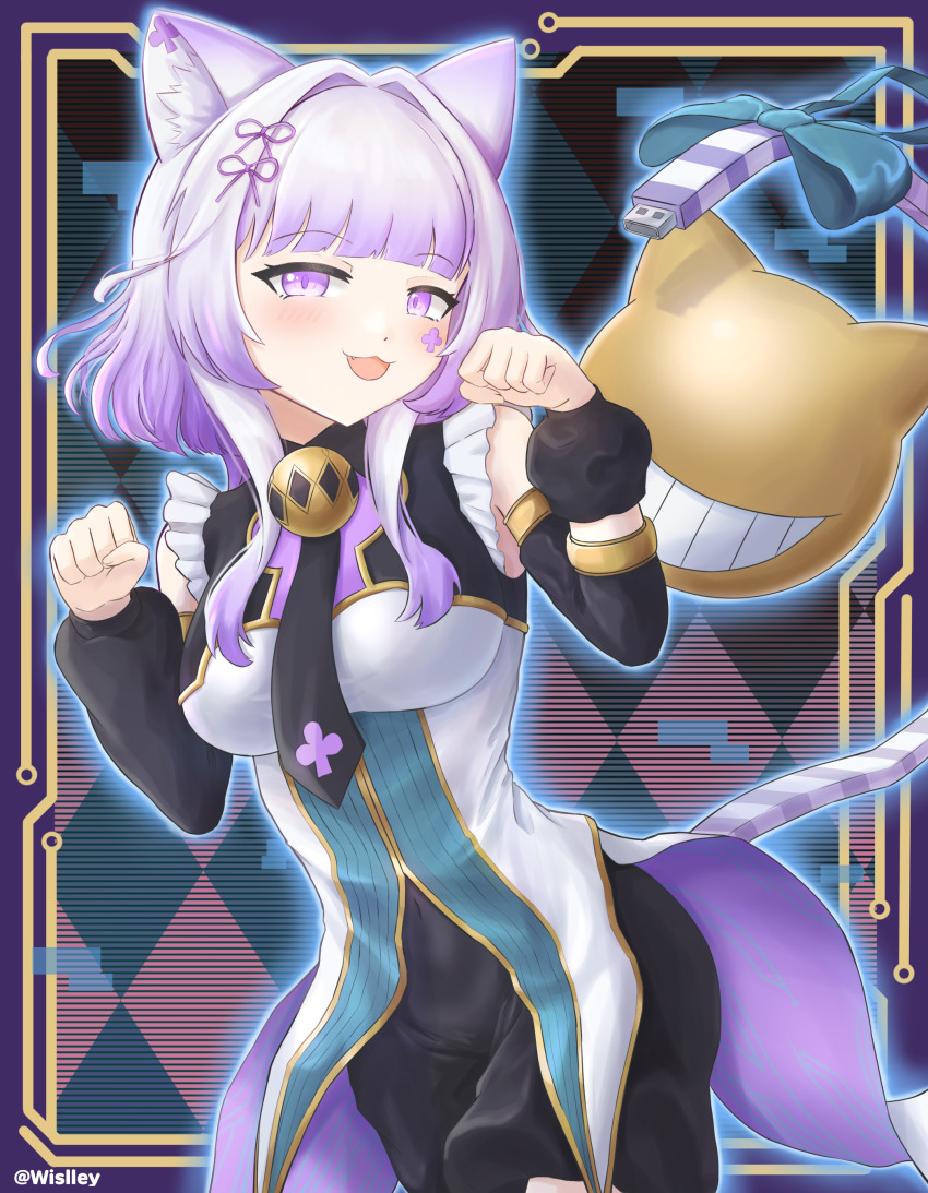 1girl :3 absurdres animal_ear_fluff animal_ears ascot bell blue_bow bow breasts cat_ears cat_girl cat_tail checkered_background club_(shape) club_tattoo detached_sleeves duel_monster half-closed_eyes highres looking_at_viewer maliss_&lt;p&gt;_chessy_cat medium_breasts neck_bell open_mouth purple_eyes purple_hair short_hair solo tail twitter_username wislley yu-gi-oh!