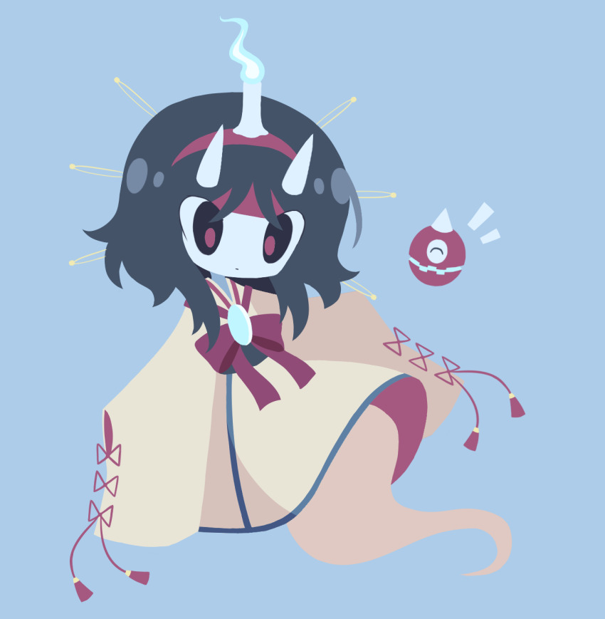 androgynous black_hair blue_background blue_fire brilliant_pagoda_or_haze_castle brown_kimono burabura candle fire fox10991 ghost_tail hairband headband highres horns japanese_clothes kimono len&#039;en len&#039;en red_eyes red_hairband red_headband red_ribbon ribbon short_hair taira_no_chouki