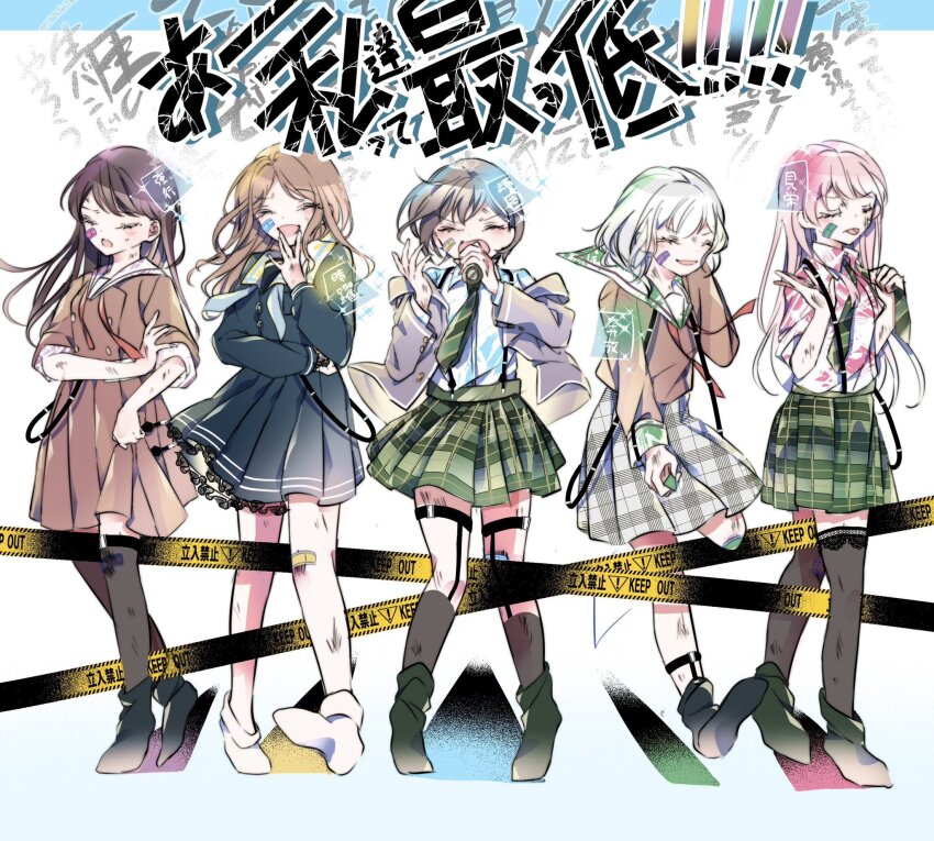 5girls bandaid bang_dream! bang_dream!_it&#039;s_mygo!!!!! brown_hair caution_tape chihaya_anon closed_eyes diagonal-striped_clothes diagonal-striped_necktie green_necktie hanasakigawa_school_uniform haneoka_school_uniform hazu_(aliceth) highres kaname_raana keep_out long_hair long_sleeves microphone multiple_girls music mygo!!!!!_(bang_dream!) nagasaki_soyo necktie open_mouth pink_hair school_uniform shiina_taki shirt singing skirt smile striped_clothes striped_necktie suspender_skirt suspenders takamatsu_tomori tongue tongue_out tsukinomori_school_uniform white_hair white_shirt